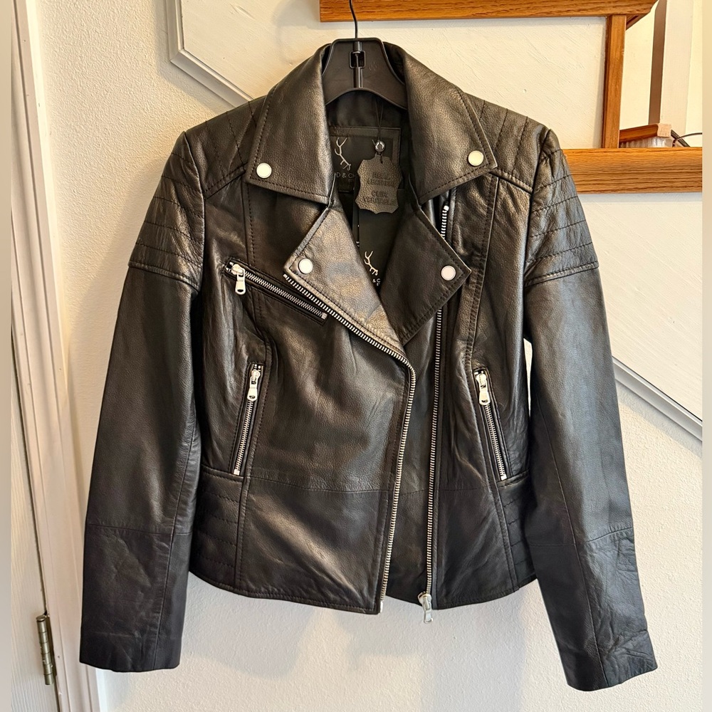 Bod Christensen motto/ biker zipper Women's Black Leather Jacket size large NWT